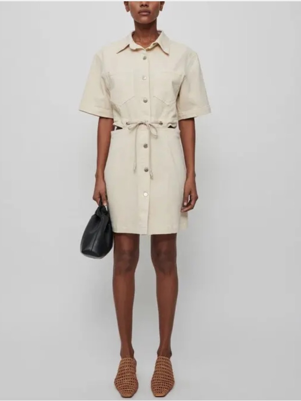 Short Button-Front Shirt Dress in Cream with side cutouts
